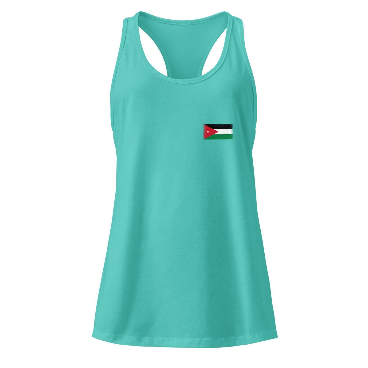 Jordan flag racerback tank top in Tahiti Blue, vintage-washed print, small flag on the left chest, women cut, front view