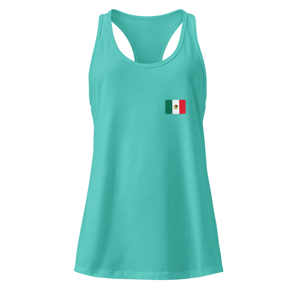 Mexico flag racerback tank top in Tahiti Blue, vintage-washed print, small flag on the left chest, women cut, front view