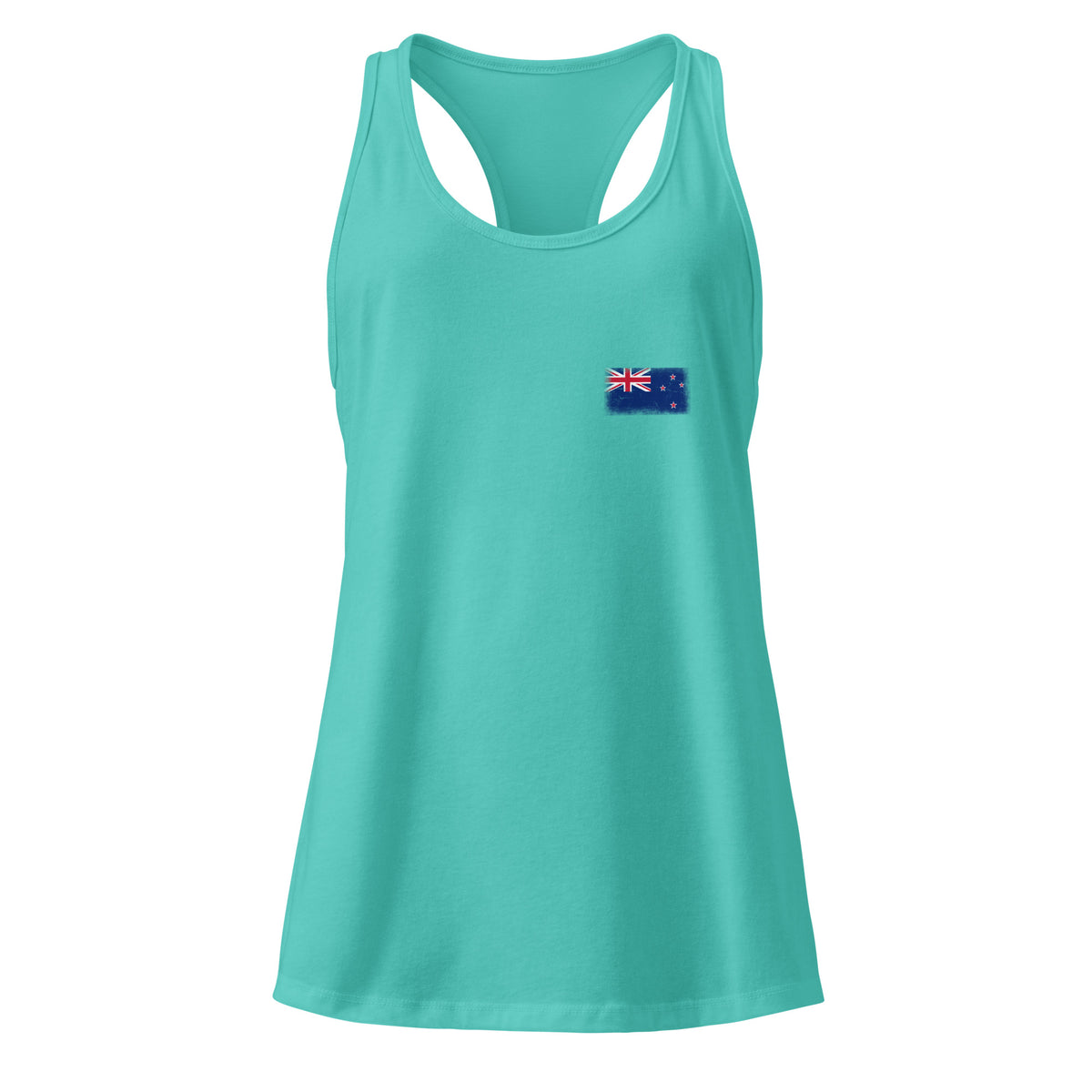 New Zealand flag racerback tank top in Tahiti Blue, vintage-washed print, small flag on the left chest, women cut, front view