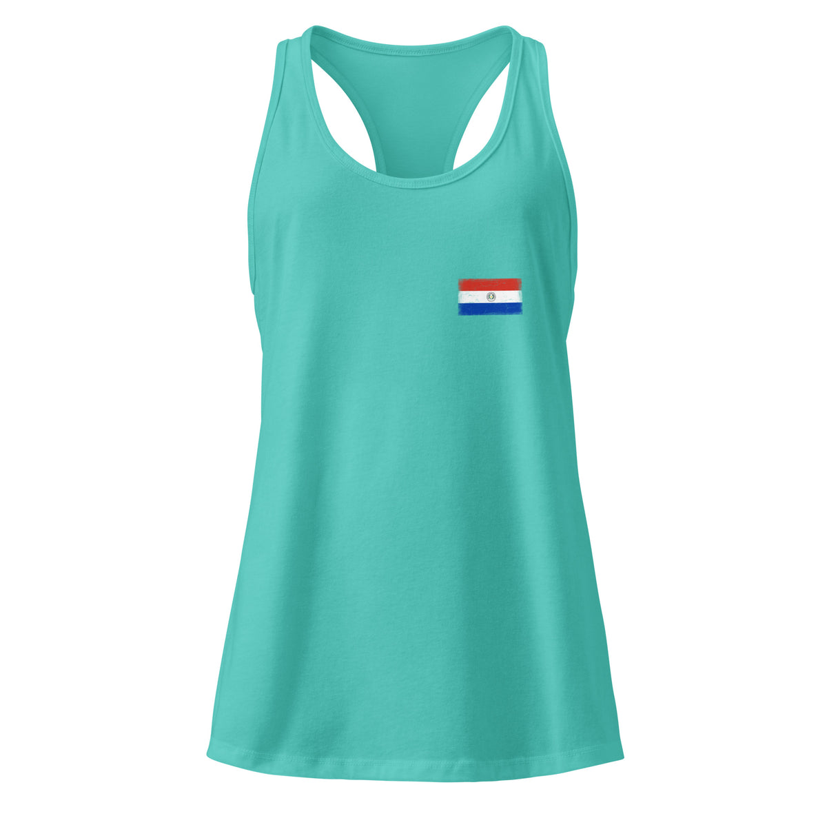 Paraguay flag racerback tank top in Tahiti Blue, vintage-washed print, small flag on the left chest, women cut, front view