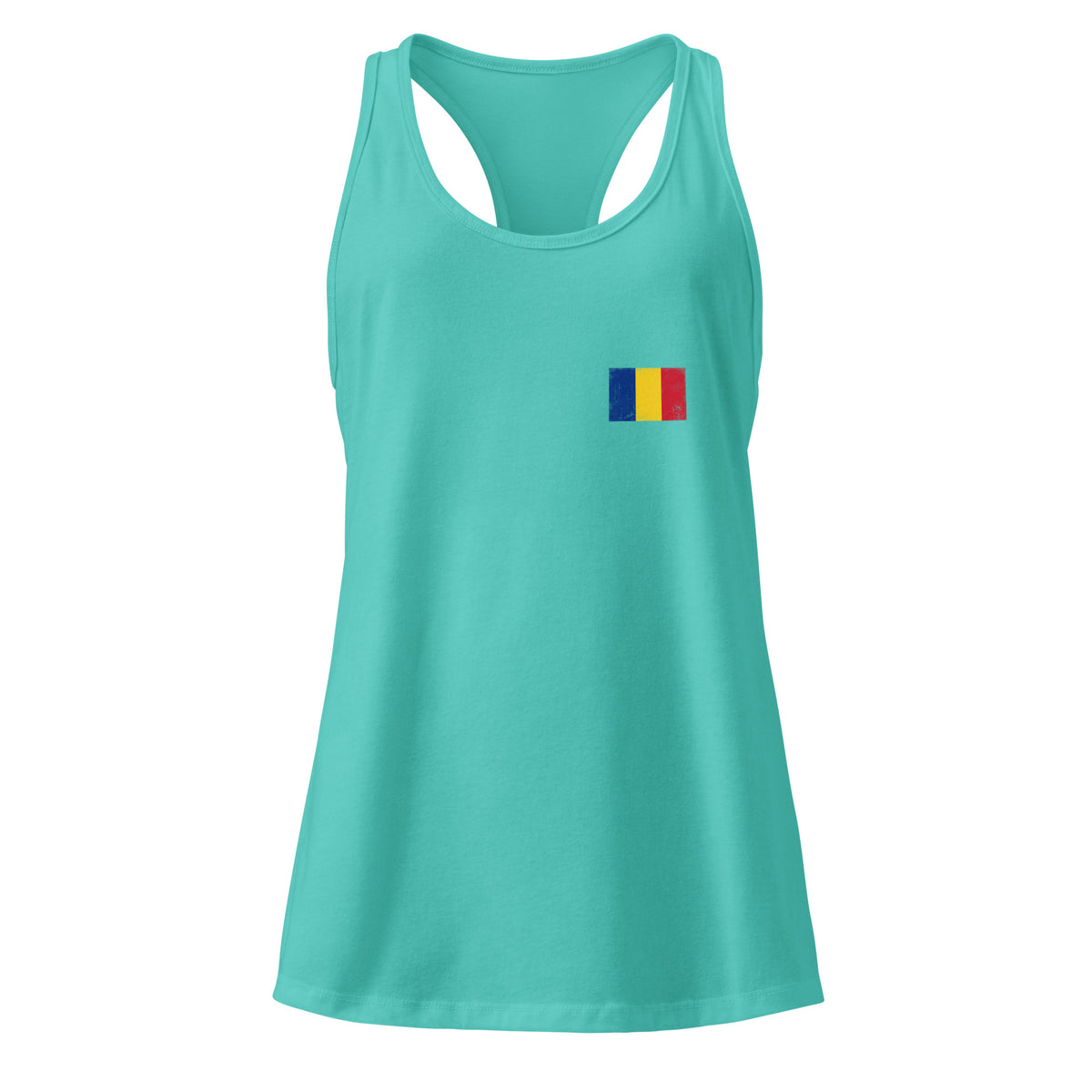 Romania flag racerback tank top in Tahiti Blue, vintage-washed print, small flag on the left chest, women cut, front view