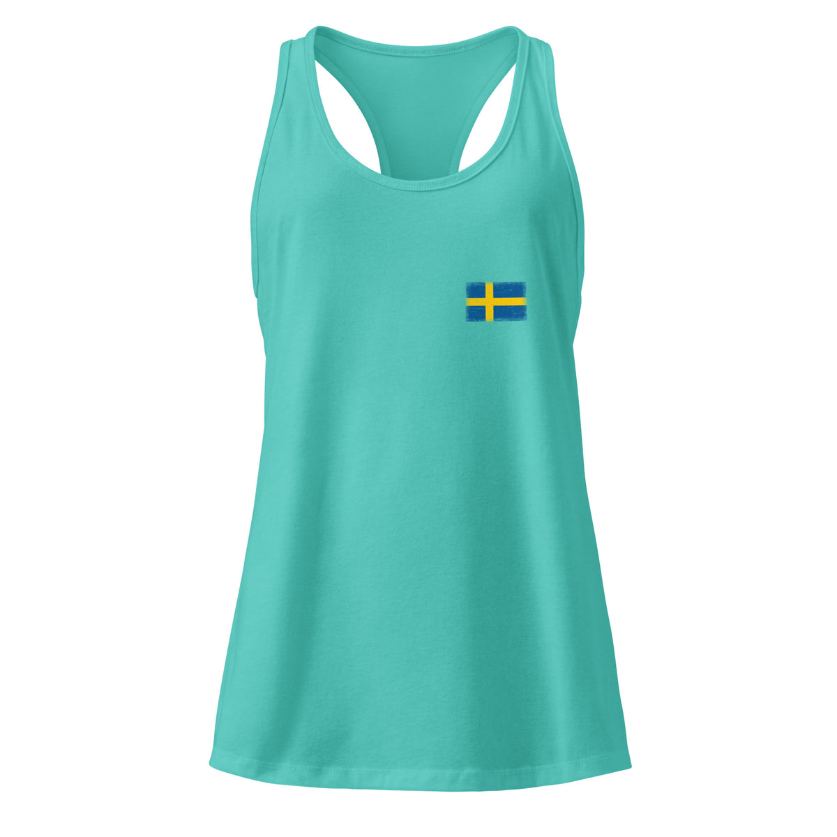 Sweden flag racerback tank top in Tahiti Blue, vintage-washed print, small flag on the left chest, women cut, front view