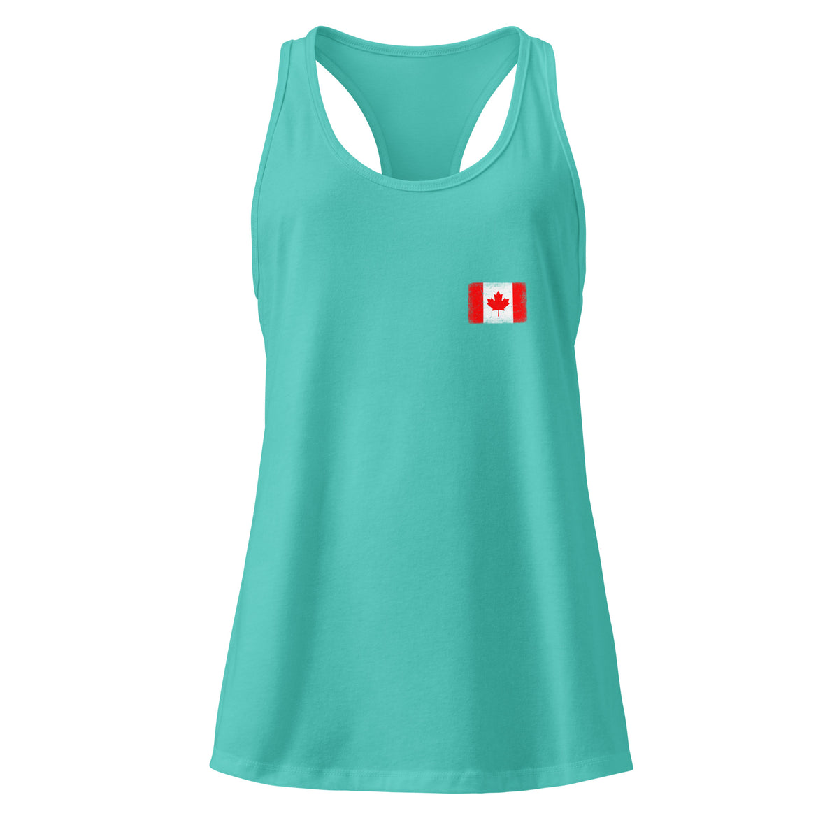 Canada flag racerback tank top in Tahiti Blue, vintage-washed print, small flag on the left chest, women cut, front view