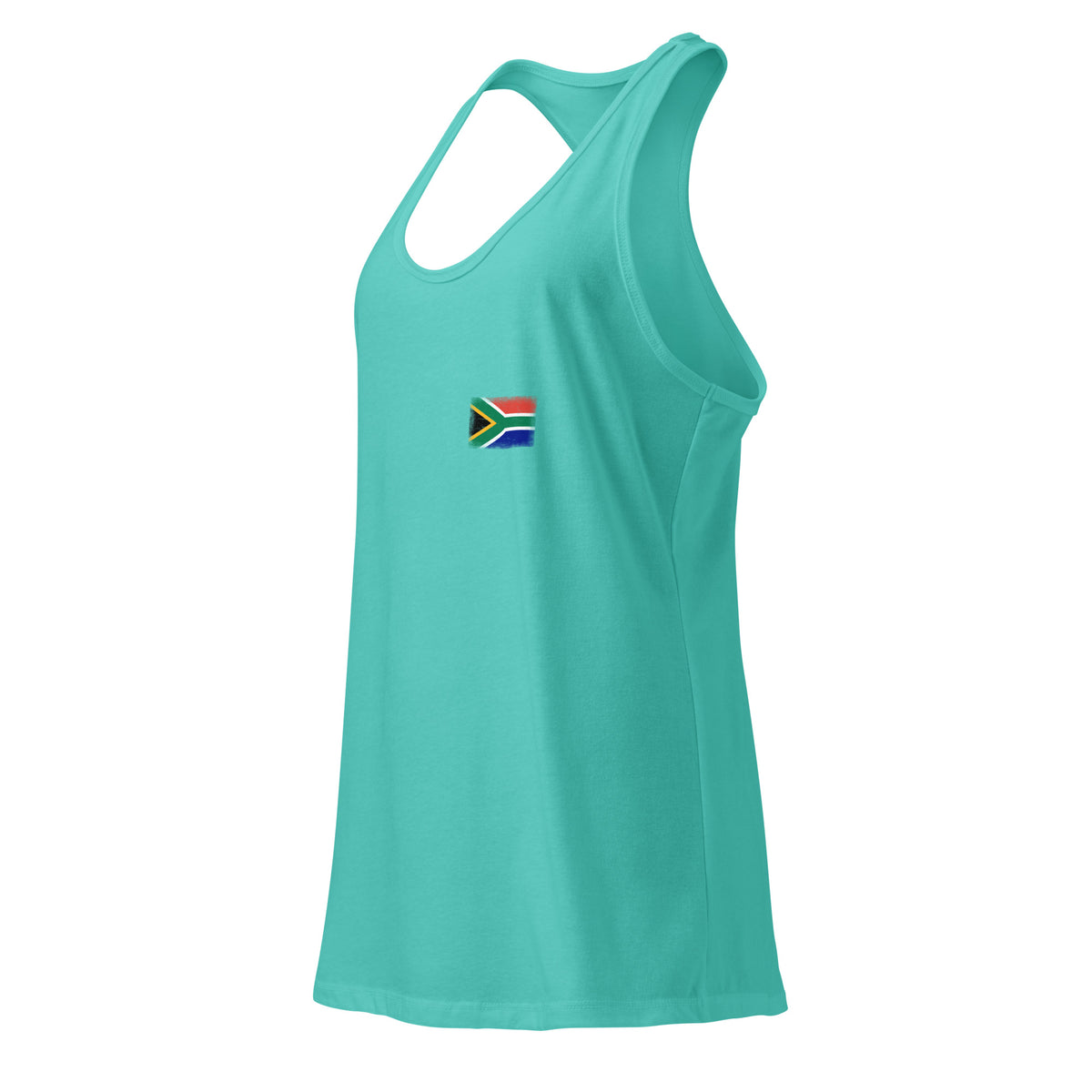 South Africa flag racerback tank top in Tahiti Blue, vintage-washed print, small flag on the left chest, women cut, side view