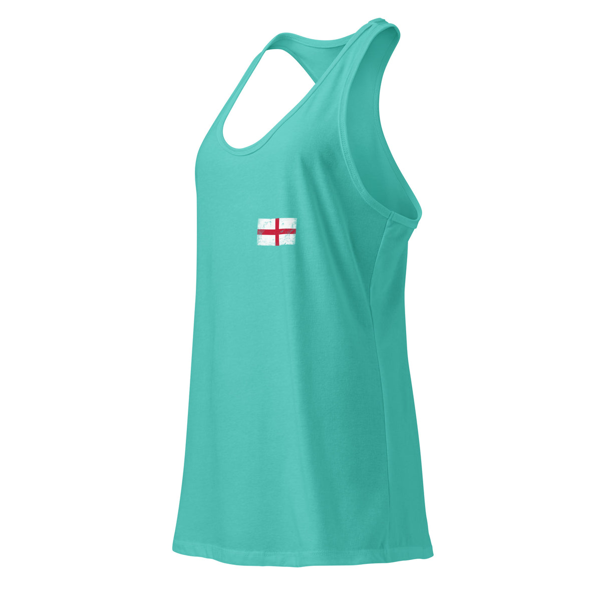 England flag racerback tank top in Tahiti Blue, vintage-washed print, small flag on the left chest, women cut, side view