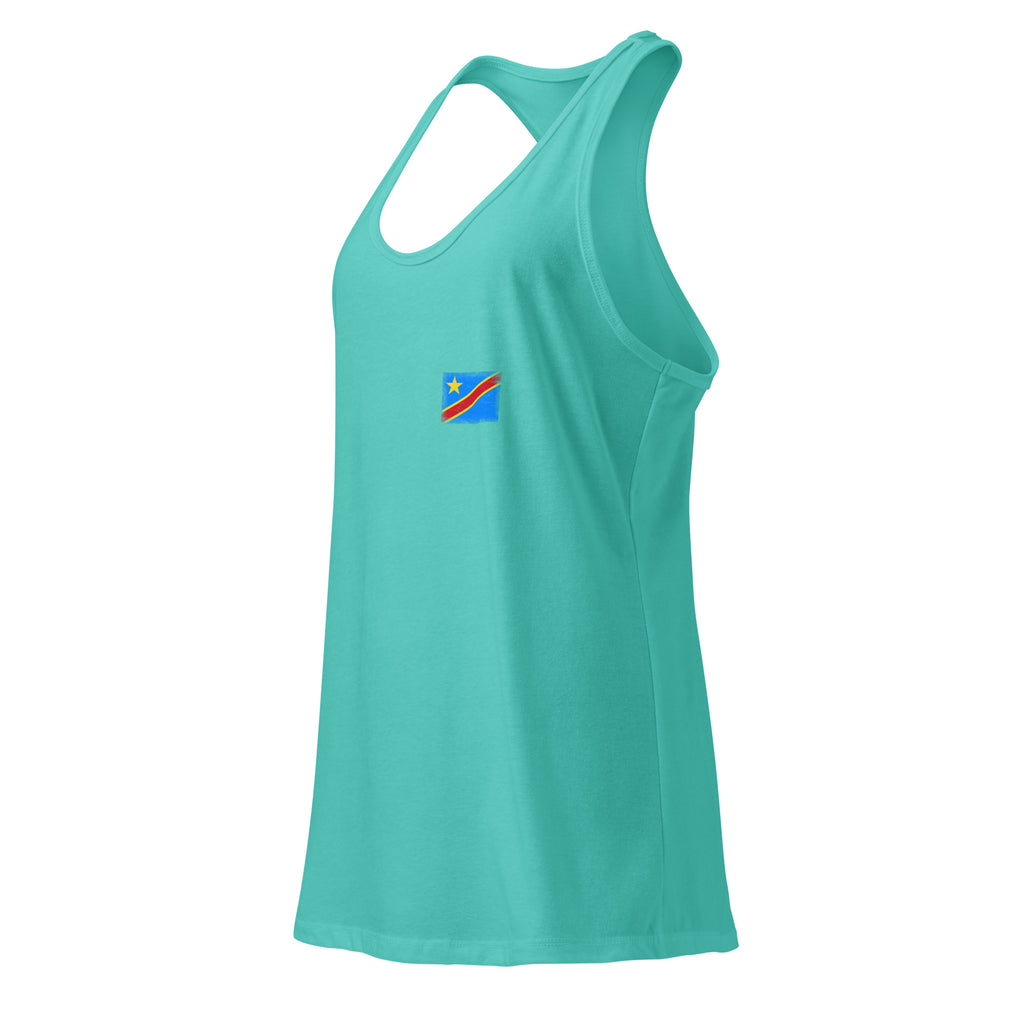 Congo flag racerback tank top in Tahiti Blue, vintage-washed print, small flag on the left chest, women cut, side view