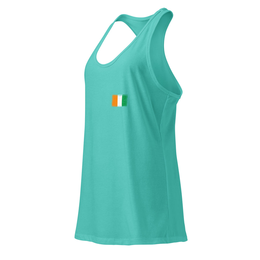 Côte d'Ivoire flag racerback tank top in Tahiti Blue, vintage-washed print, small flag on the left chest, women cut, side view