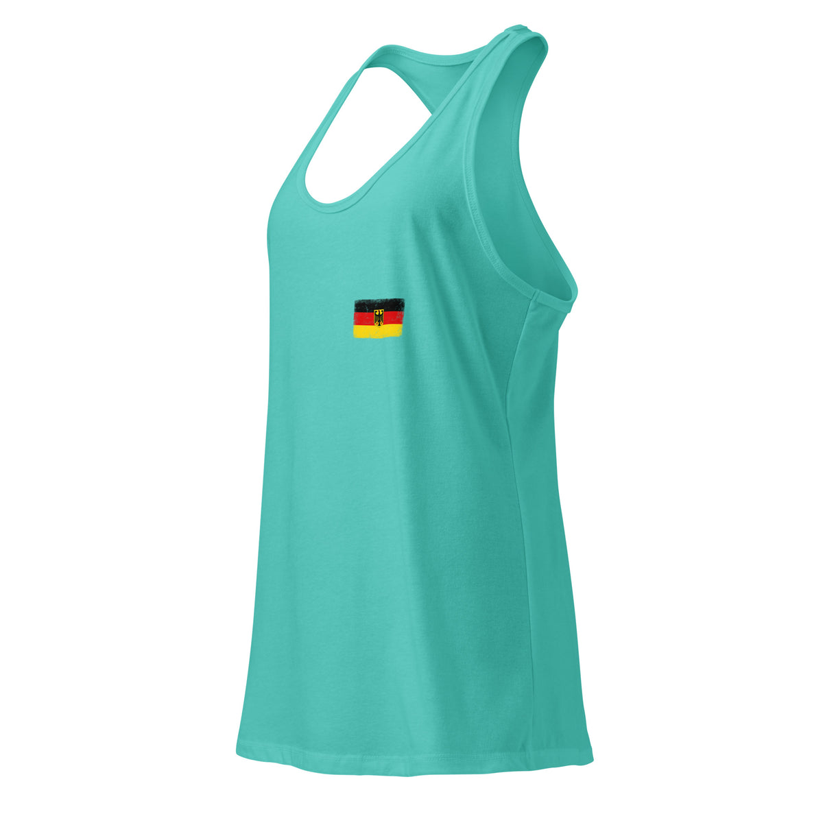 Germany flag racerback tank top in Tahiti Blue, vintage-washed print, small flag on the left chest, women cut, side view
