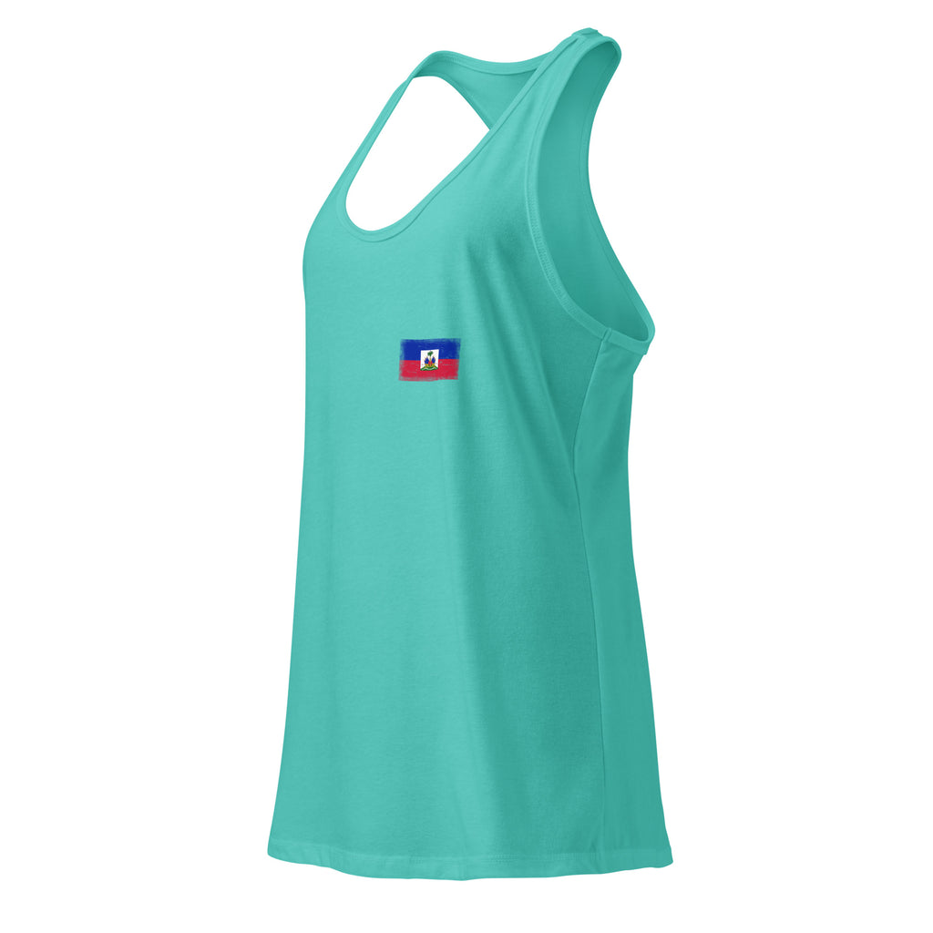 Haiti flag racerback tank top in Tahiti Blue, vintage-washed print, small flag on the left chest, women cut, side view