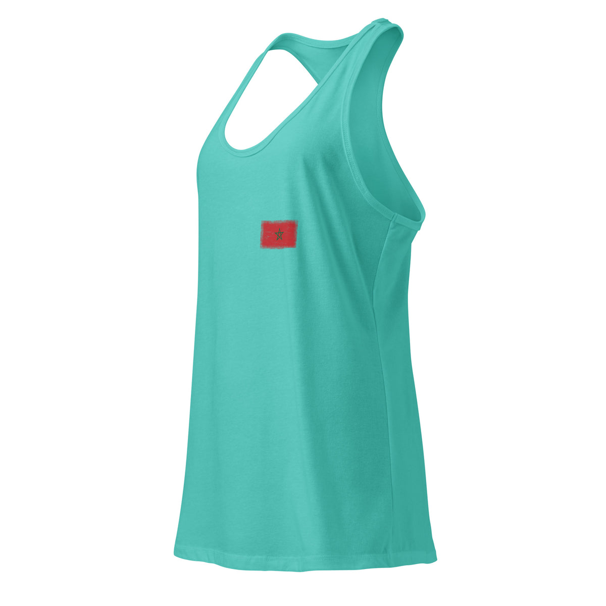 Morocco flag racerback tank top in Tahiti Blue, vintage-washed print, small flag on the left chest, women cut, side view