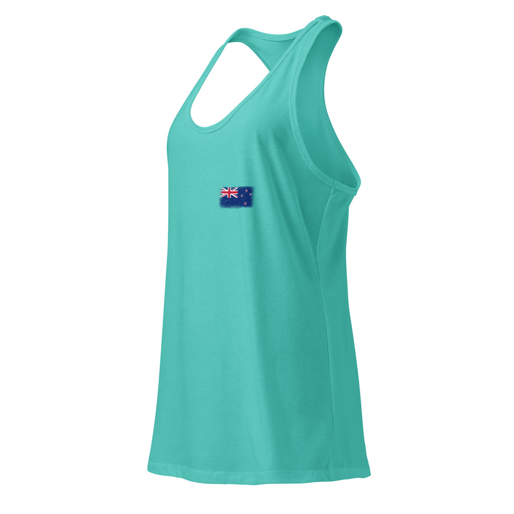 New Zealand flag racerback tank top in Tahiti Blue, vintage-washed print, small flag on the left chest, women cut, side view