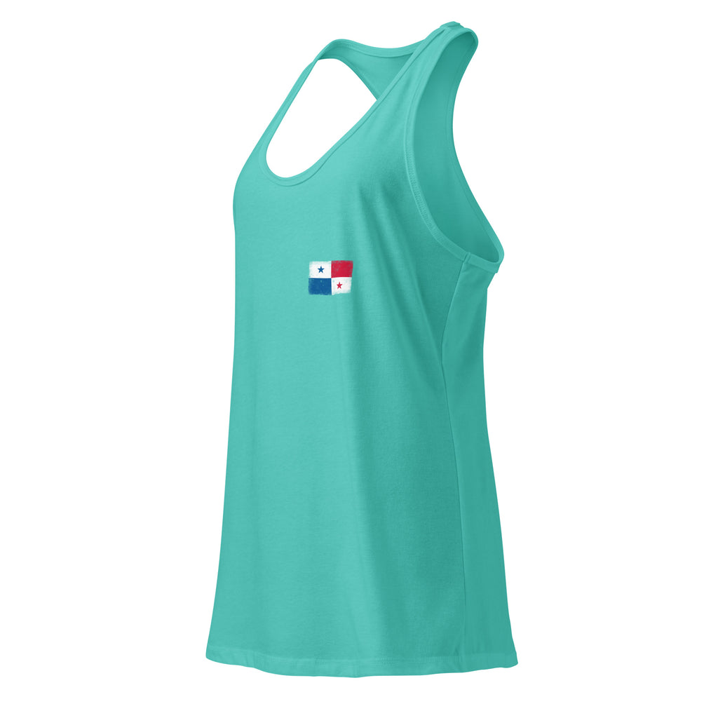 Panama flag racerback tank top in Tahiti Blue, vintage-washed print, small flag on the left chest, women cut, side view