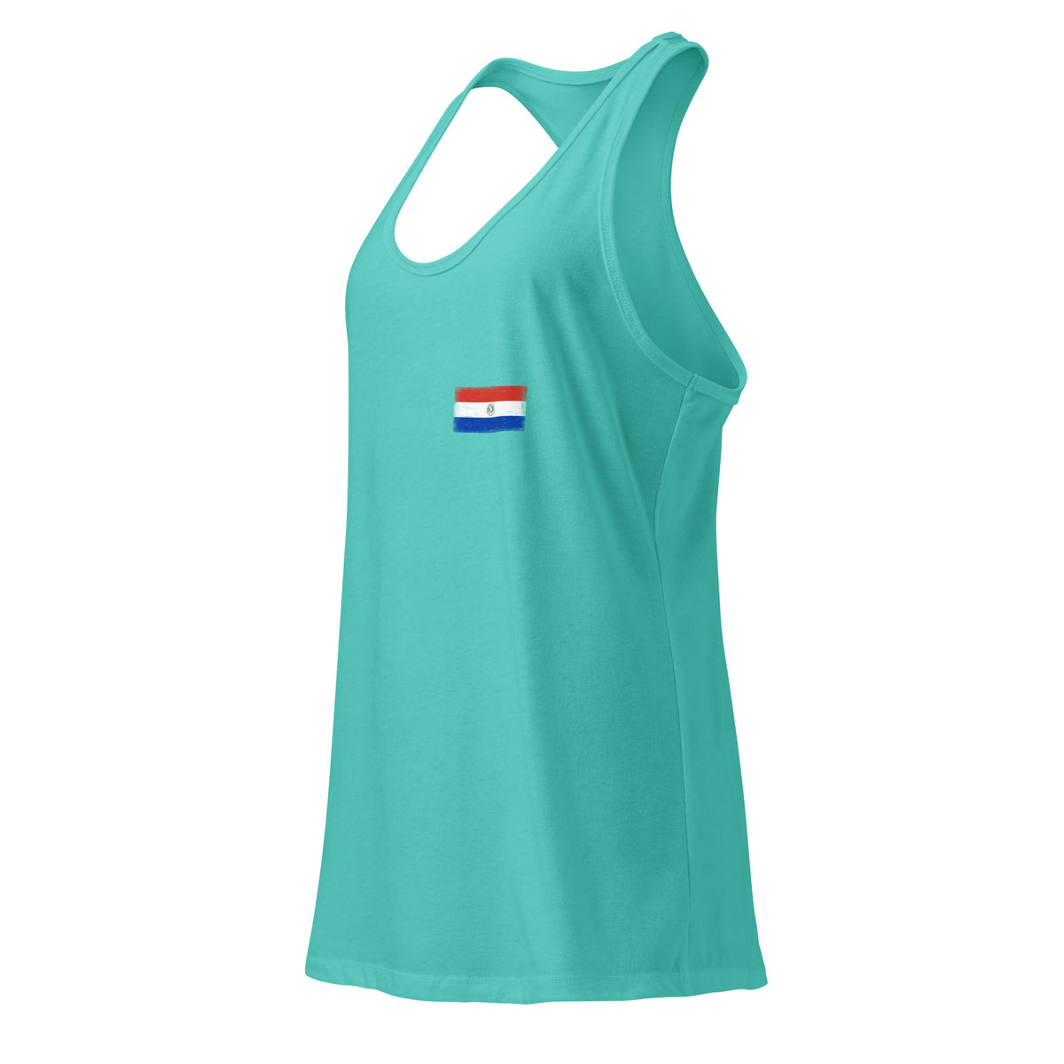 Paraguay flag racerback tank top in Tahiti Blue, vintage-washed print, small flag on the left chest, women cut, side view
