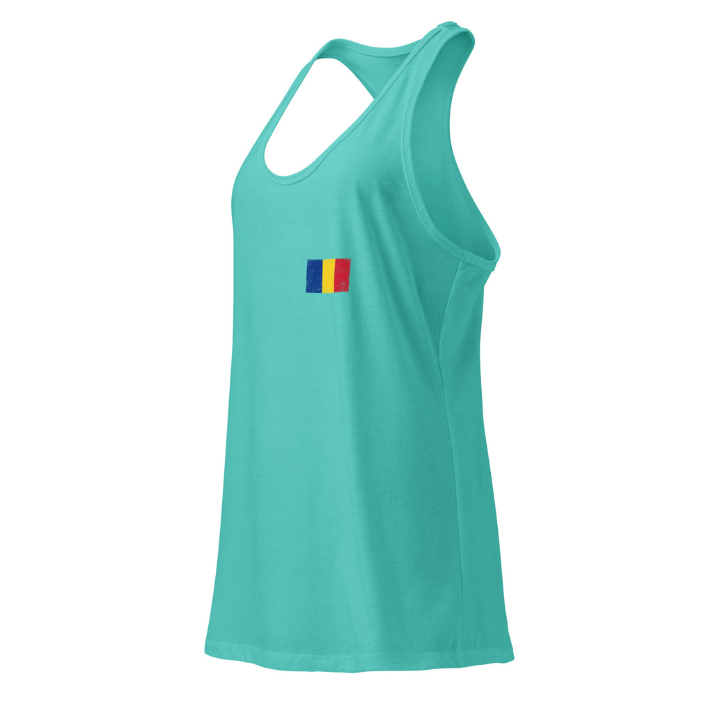 Romania flag racerback tank top in Tahiti Blue, vintage-washed print, small flag on the left chest, women cut, side view