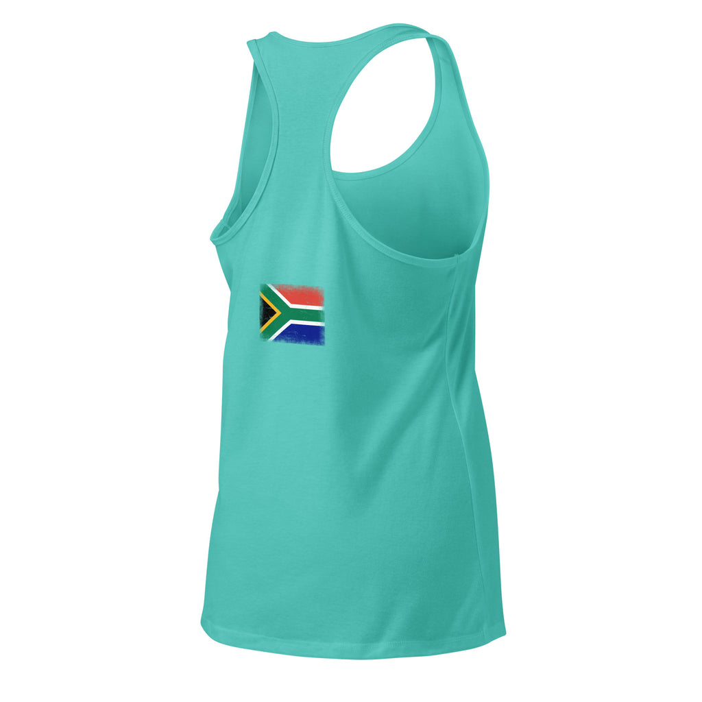 South Africa flag racerback tank top in Tahiti Blue, vintage-washed print, flag across the upper back, women cut, back view