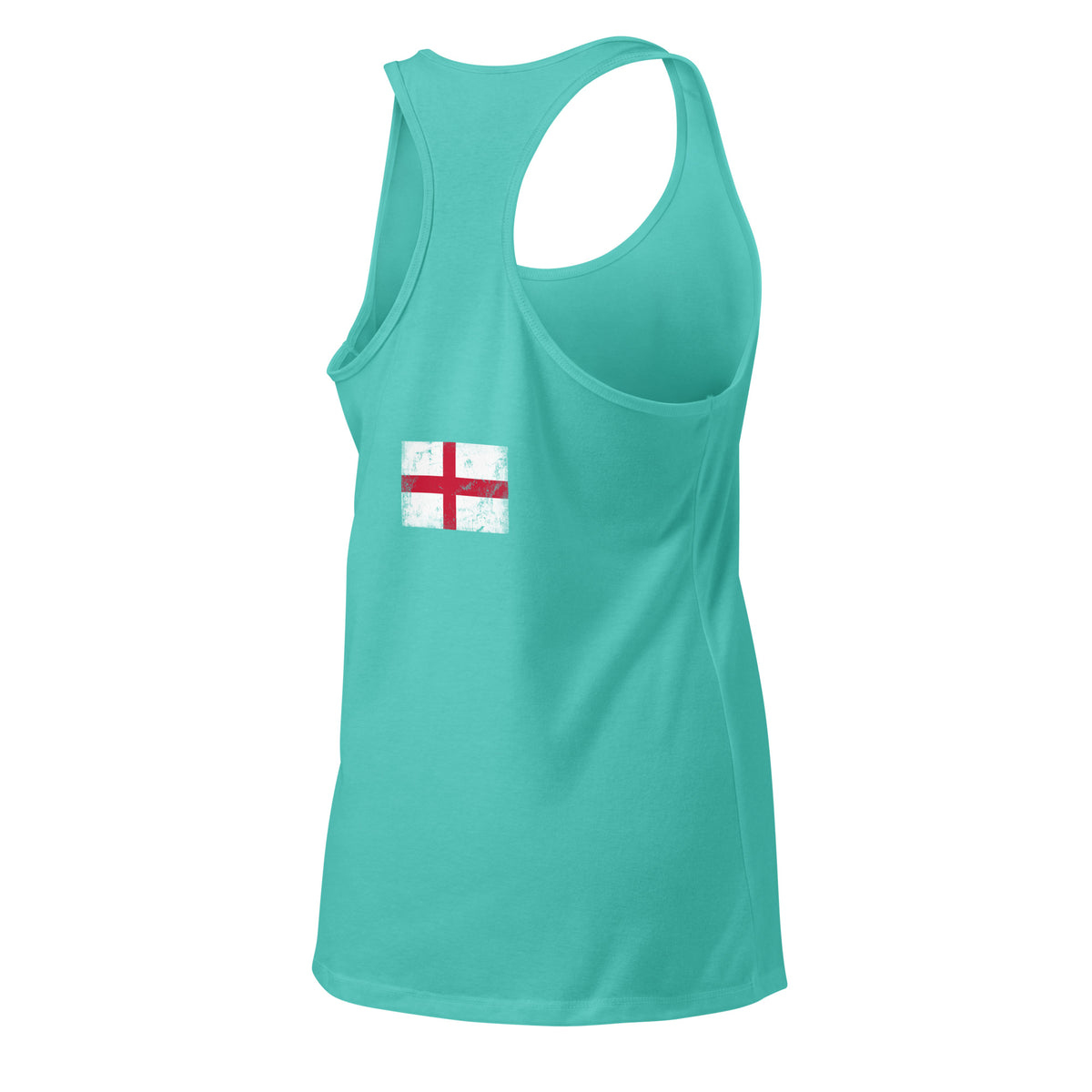 England flag racerback tank top in Tahiti Blue, vintage-washed print, flag across the upper back, women cut, back view