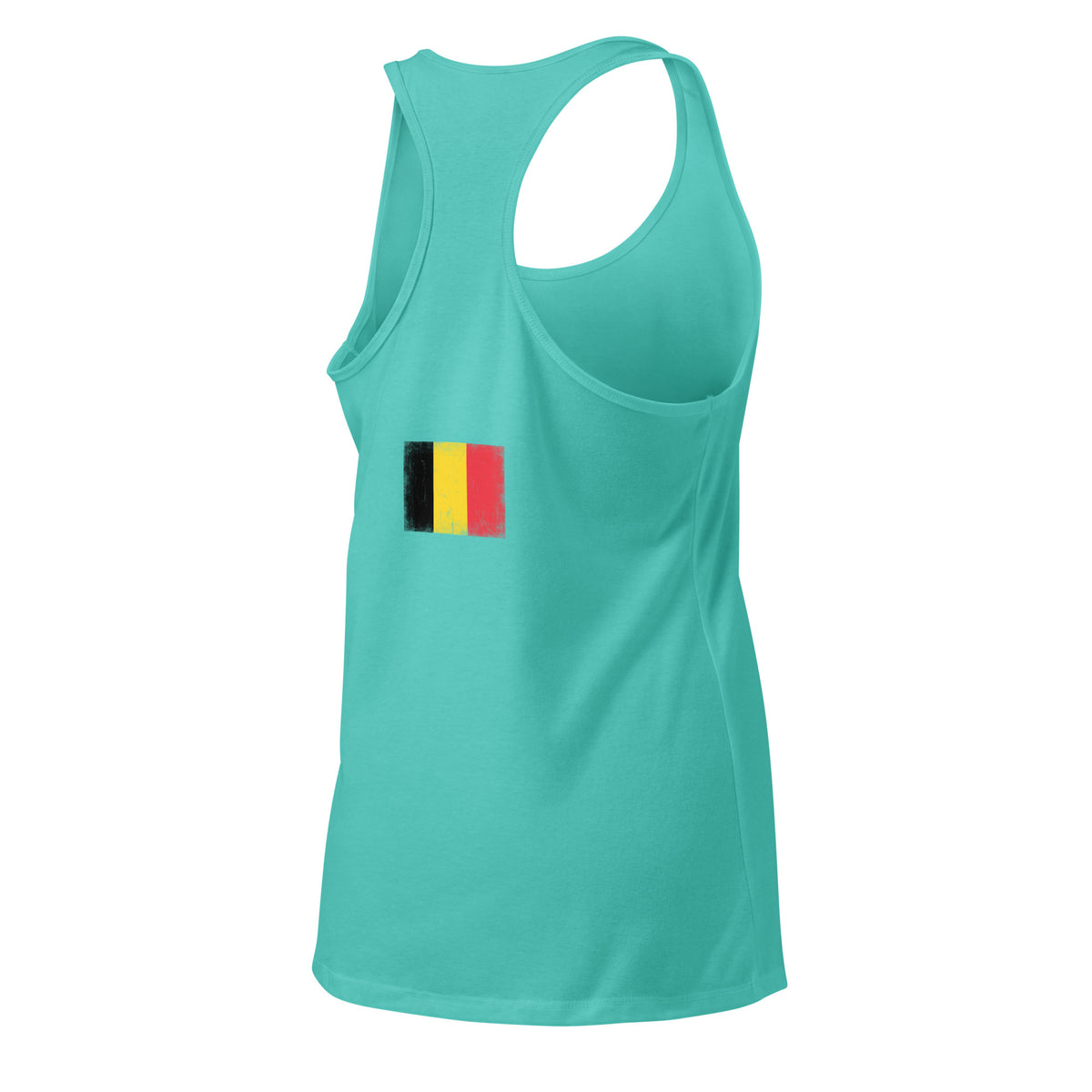 Belgium flag racerback tank top in Tahiti Blue, vintage-washed print, flag across the upper back, women cut, back view