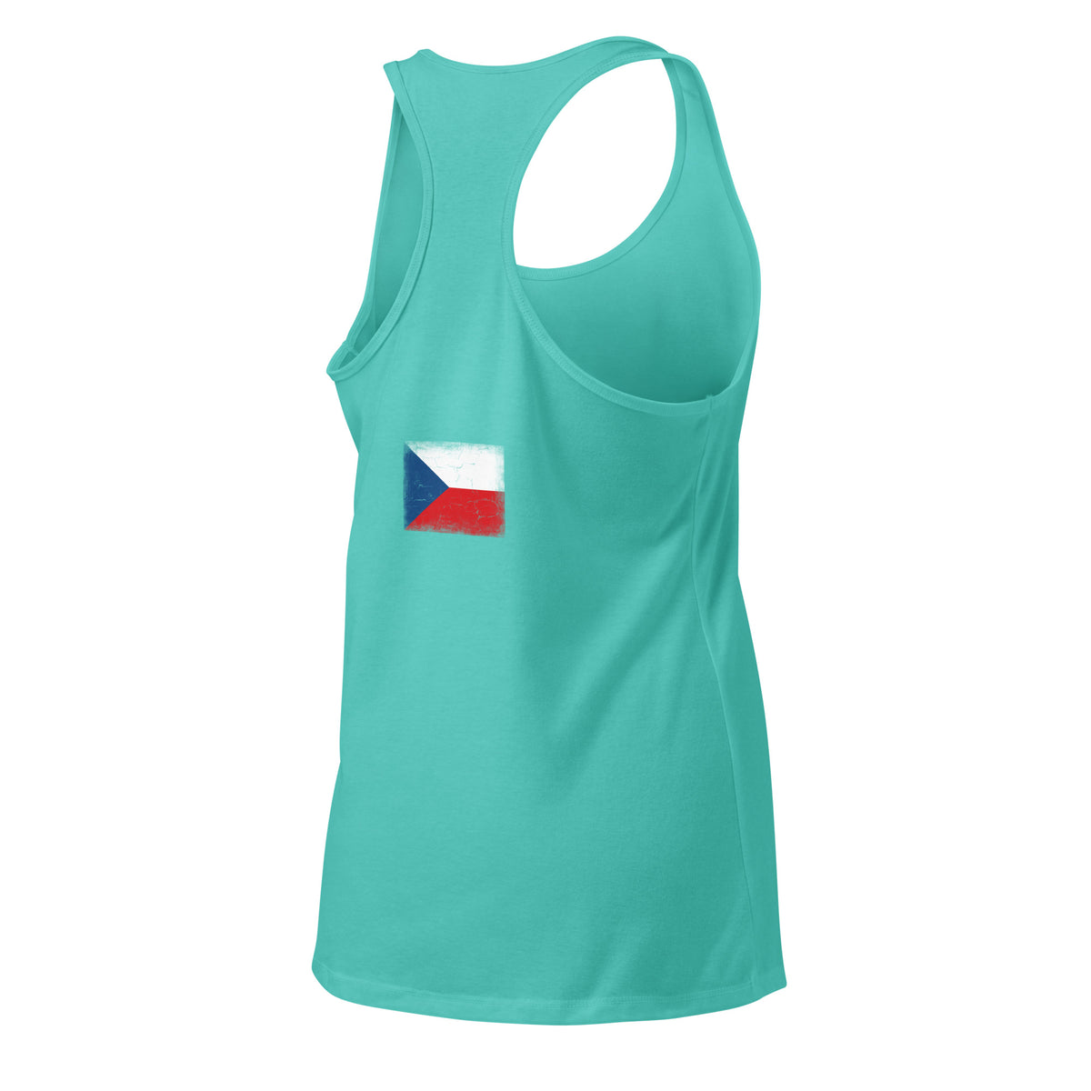 Czechia flag racerback tank top in Tahiti Blue, vintage-washed print, flag across the upper back, women cut, back view