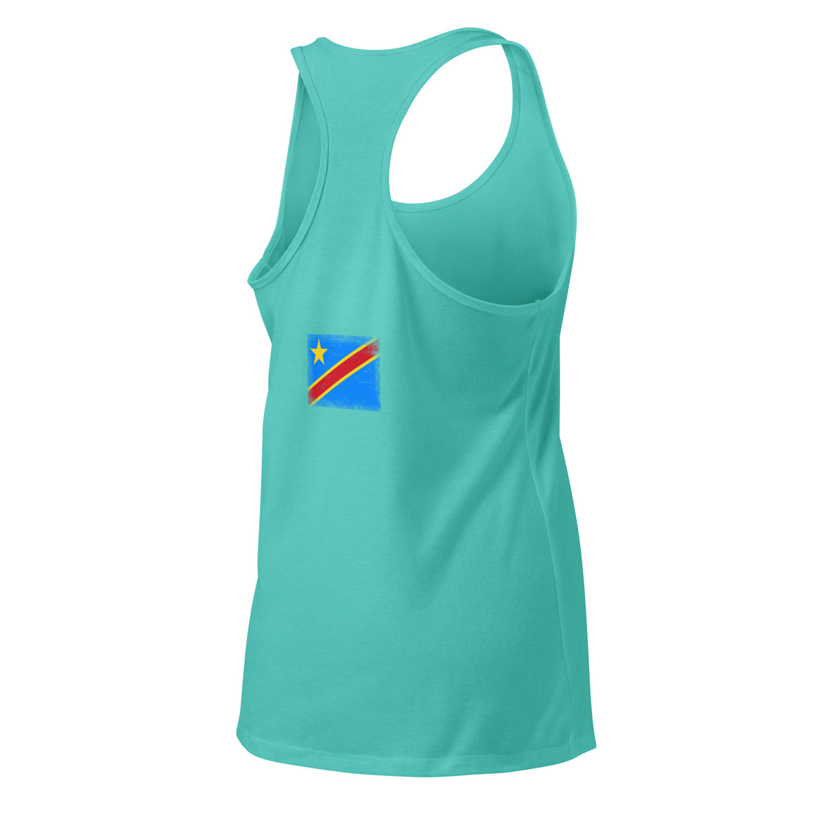 Congo flag racerback tank top in Tahiti Blue, vintage-washed print, flag across the upper back, women cut, back view