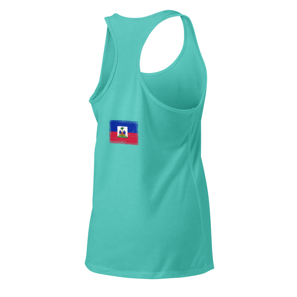 Haiti flag racerback tank top in Tahiti Blue, vintage-washed print, flag across the upper back, women cut, back view