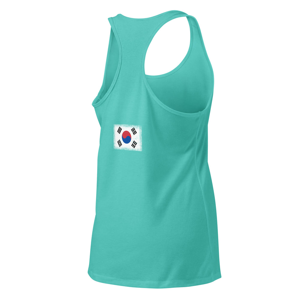 South Korea flag racerback tank top in Tahiti Blue, vintage-washed print, flag across the upper back, women cut, back view
