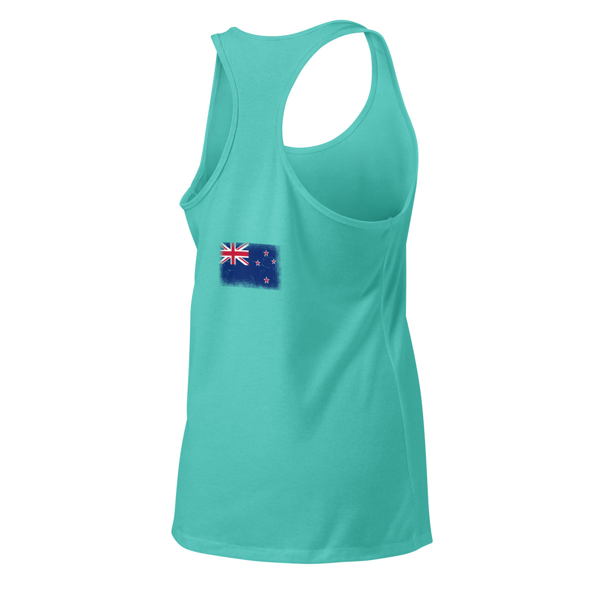 New Zealand flag racerback tank top in Tahiti Blue, vintage-washed print, flag across the upper back, women cut, back view