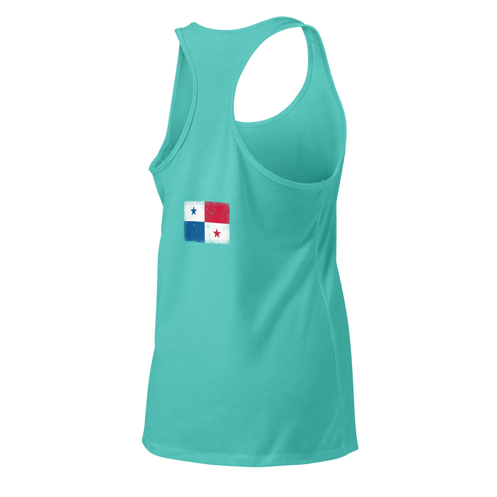 Panama flag racerback tank top in Tahiti Blue, vintage-washed print, flag across the upper back, women cut, back view
