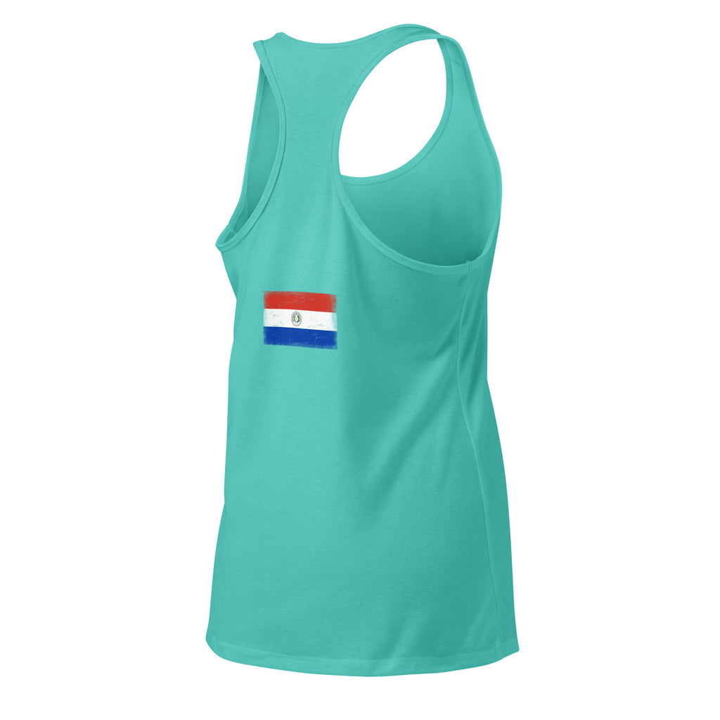 Paraguay flag racerback tank top in Tahiti Blue, vintage-washed print, flag across the upper back, women cut, back view