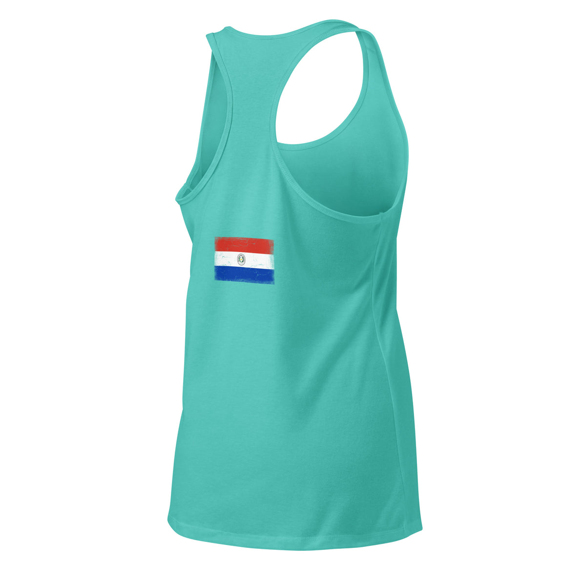 Paraguay flag racerback tank top in Tahiti Blue, vintage-washed print, flag across the upper back, women cut, back view