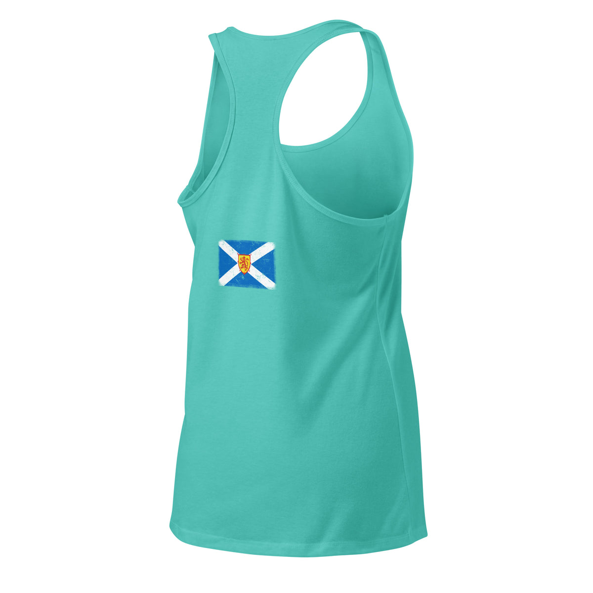Scotland flag racerback tank top in Tahiti Blue, vintage-washed print, flag across the upper back, women cut, back view