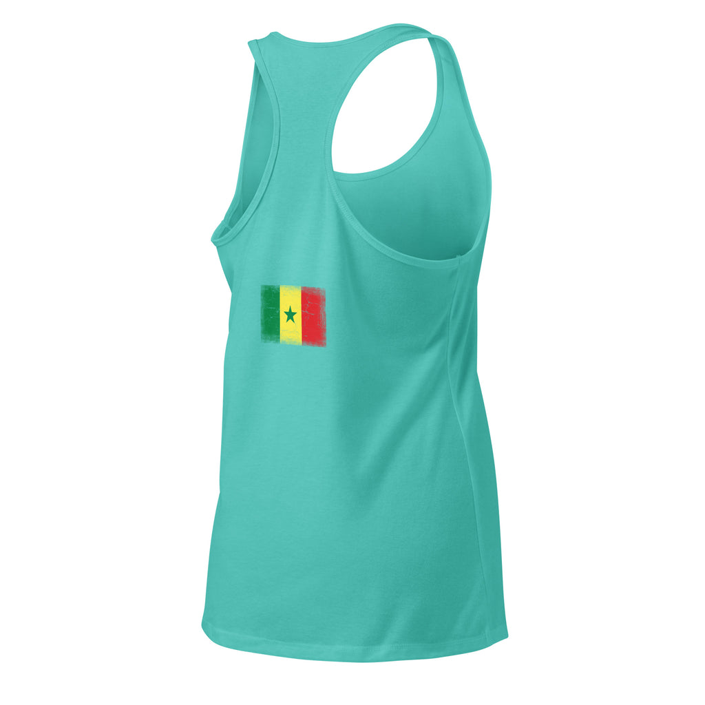 Senegal flag racerback tank top in Tahiti Blue, vintage-washed print, flag across the upper back, women cut, back view