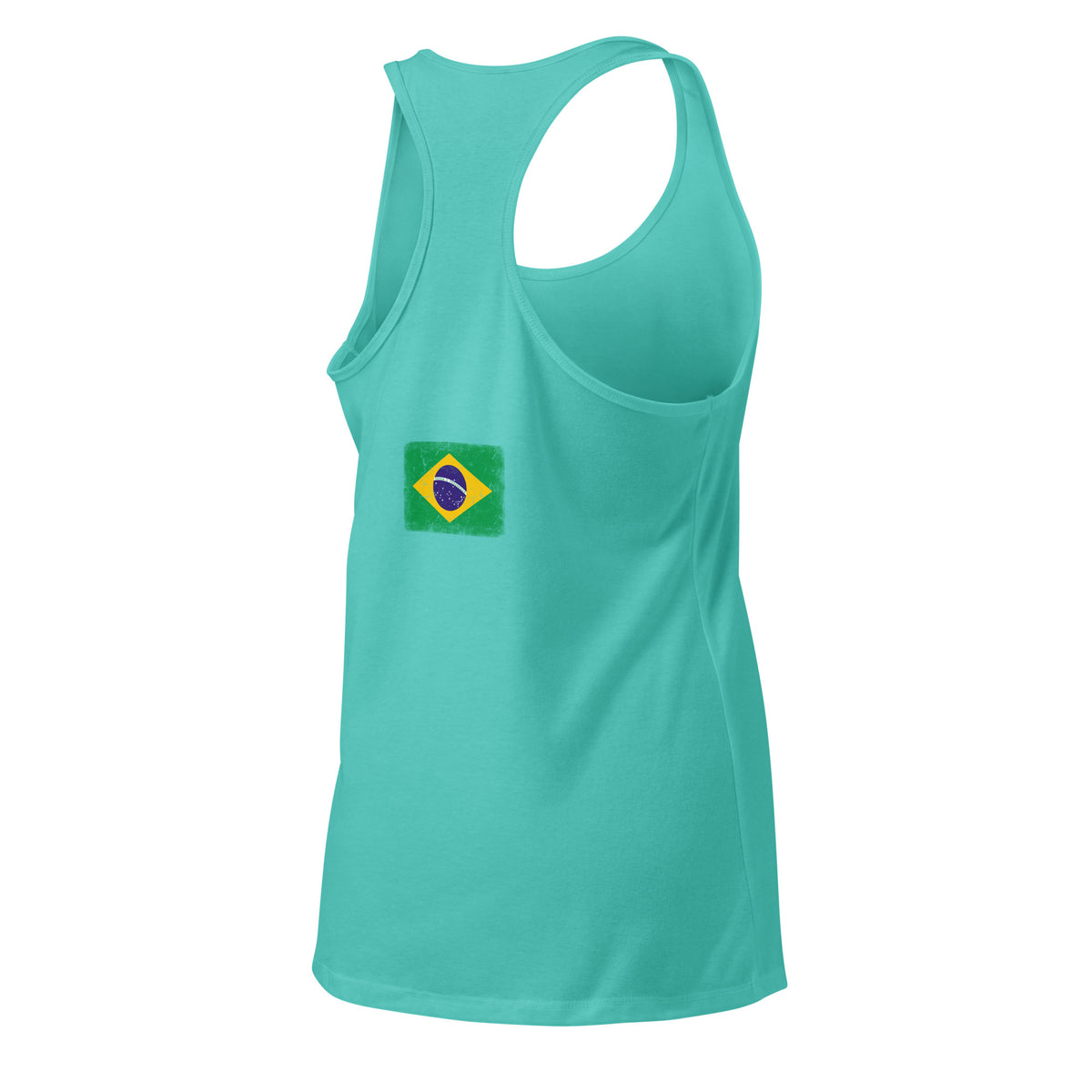 Brasil flag racerback tank top in Tahiti Blue, vintage-washed print, flag across the upper back, women cut, back view