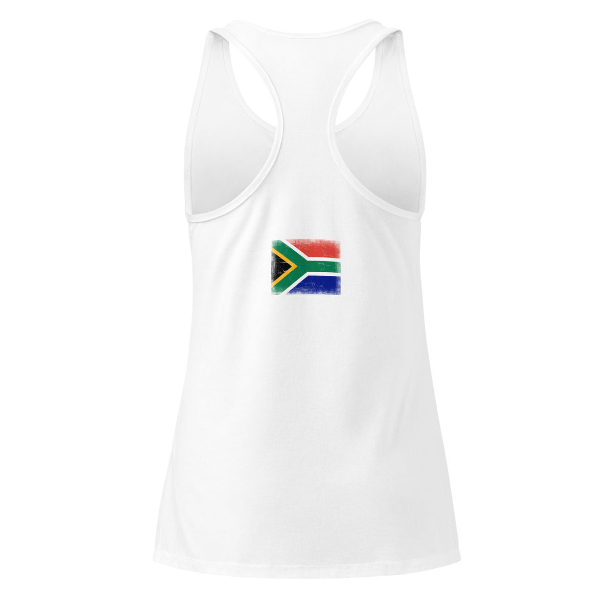 South Africa flag racerback tank top in White, vintage-washed print, flag across the upper back, women cut, back view