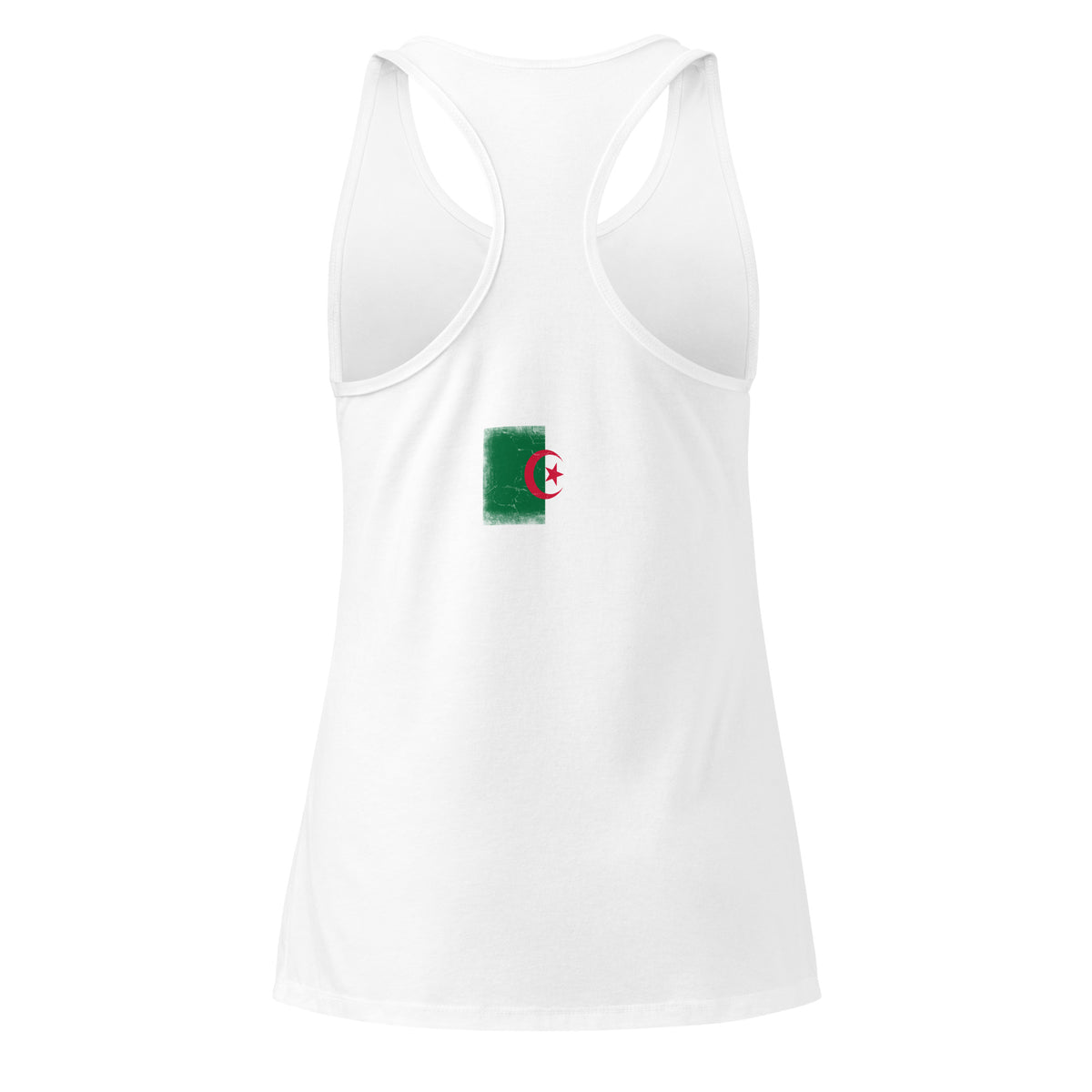 Algeria flag racerback tank top in White, vintage-washed print, flag across the upper back, women cut, back view