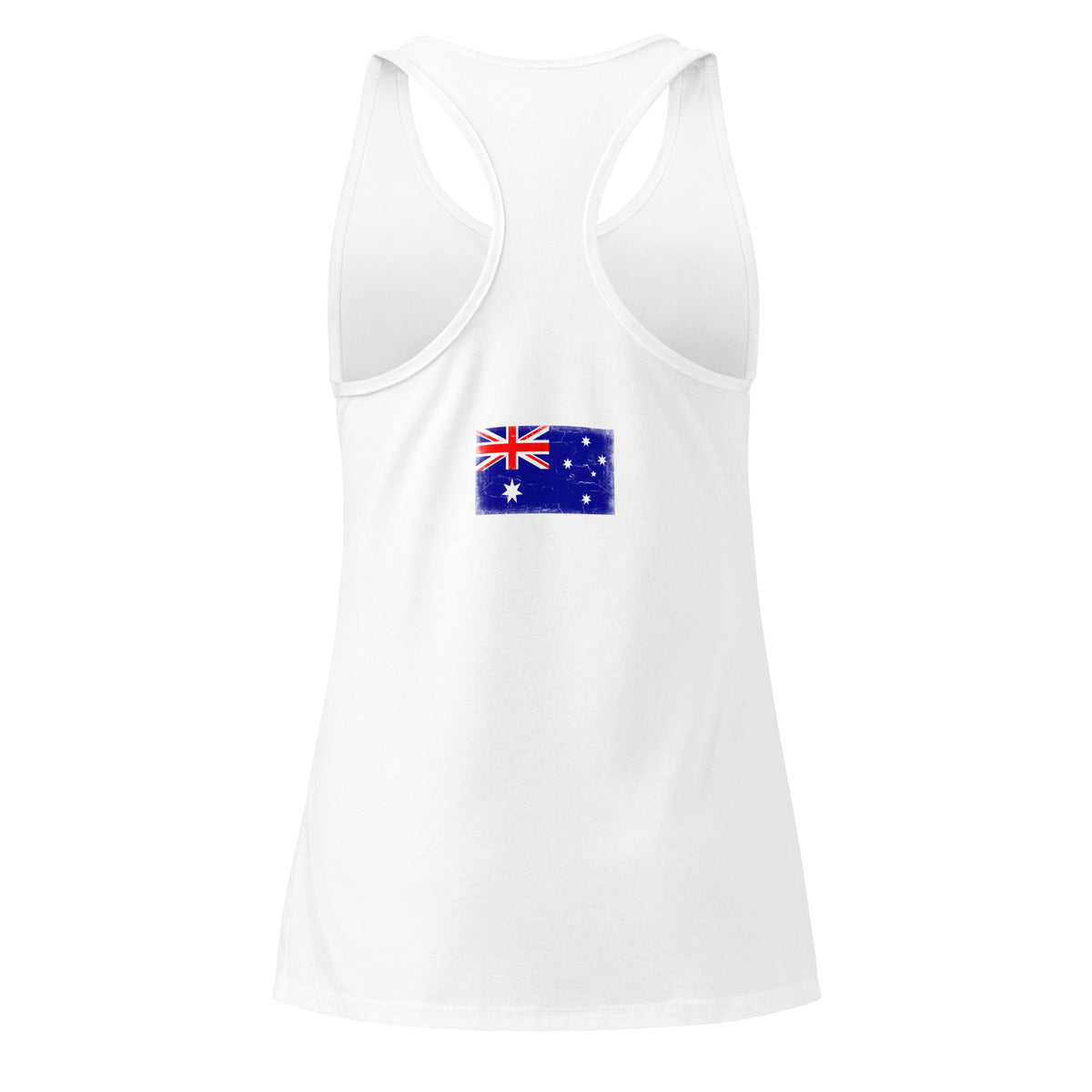 Australia flag racerback tank top in White, vintage-washed print, flag across the upper back, women cut, back view