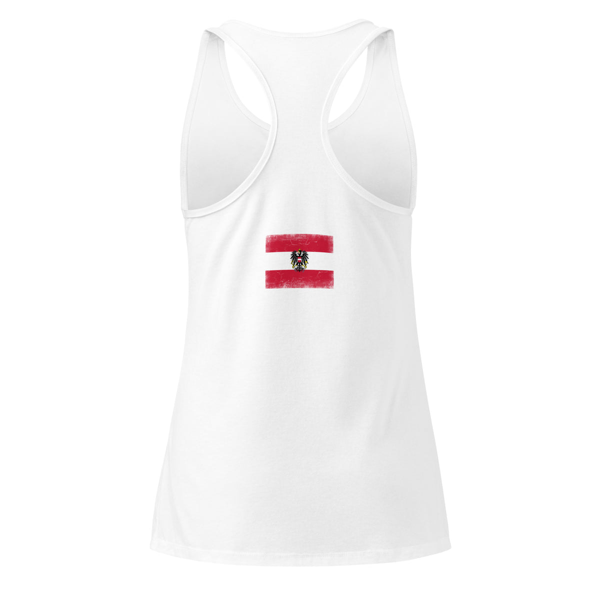 Austria flag racerback tank top in White, vintage-washed print, flag across the upper back, women cut, back view