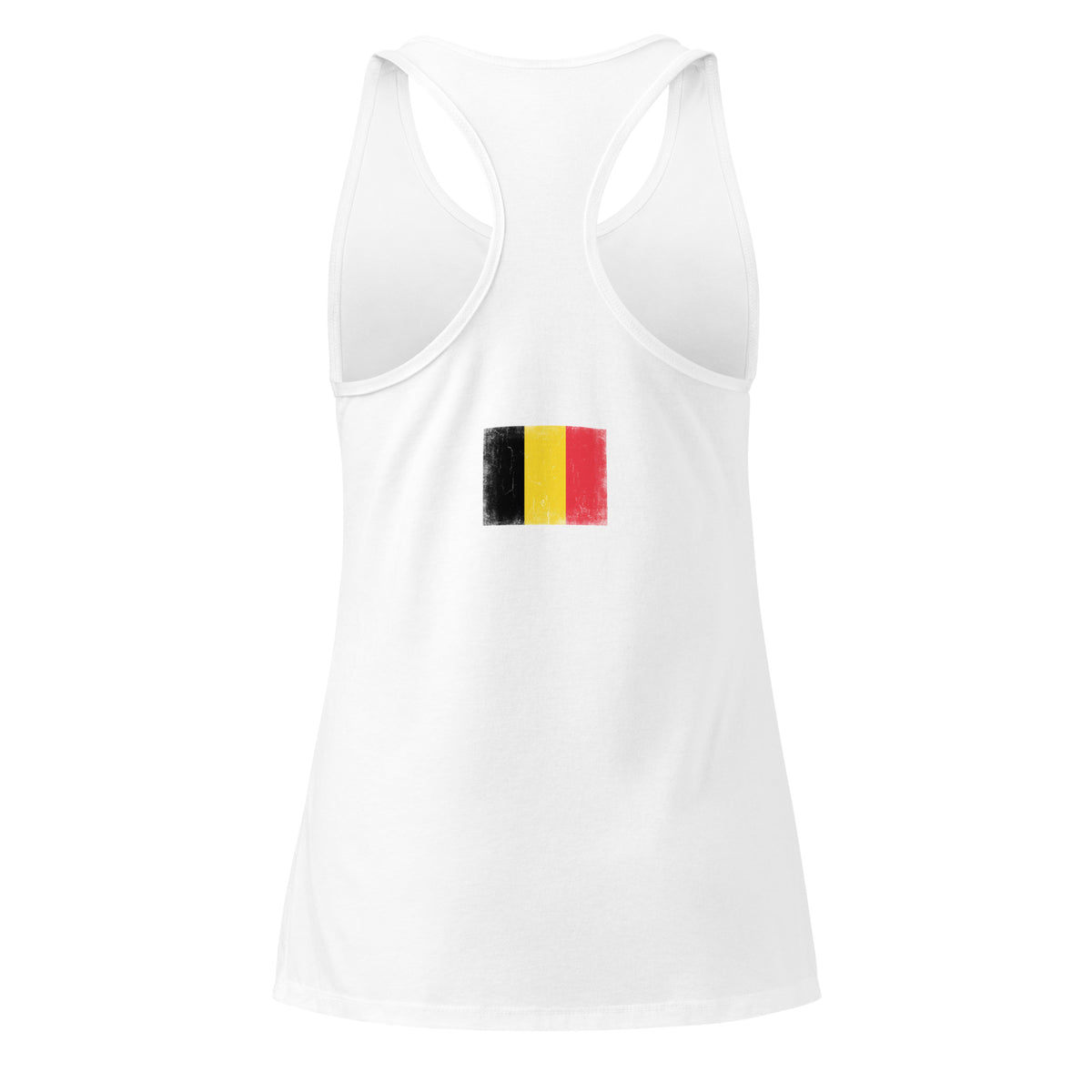 Belgium flag racerback tank top in White, vintage-washed print, flag across the upper back, women cut, back view