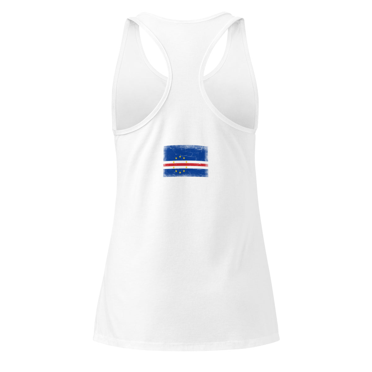 Cape Verde flag racerback tank top in White, vintage-washed print, flag across the upper back, women cut, back view