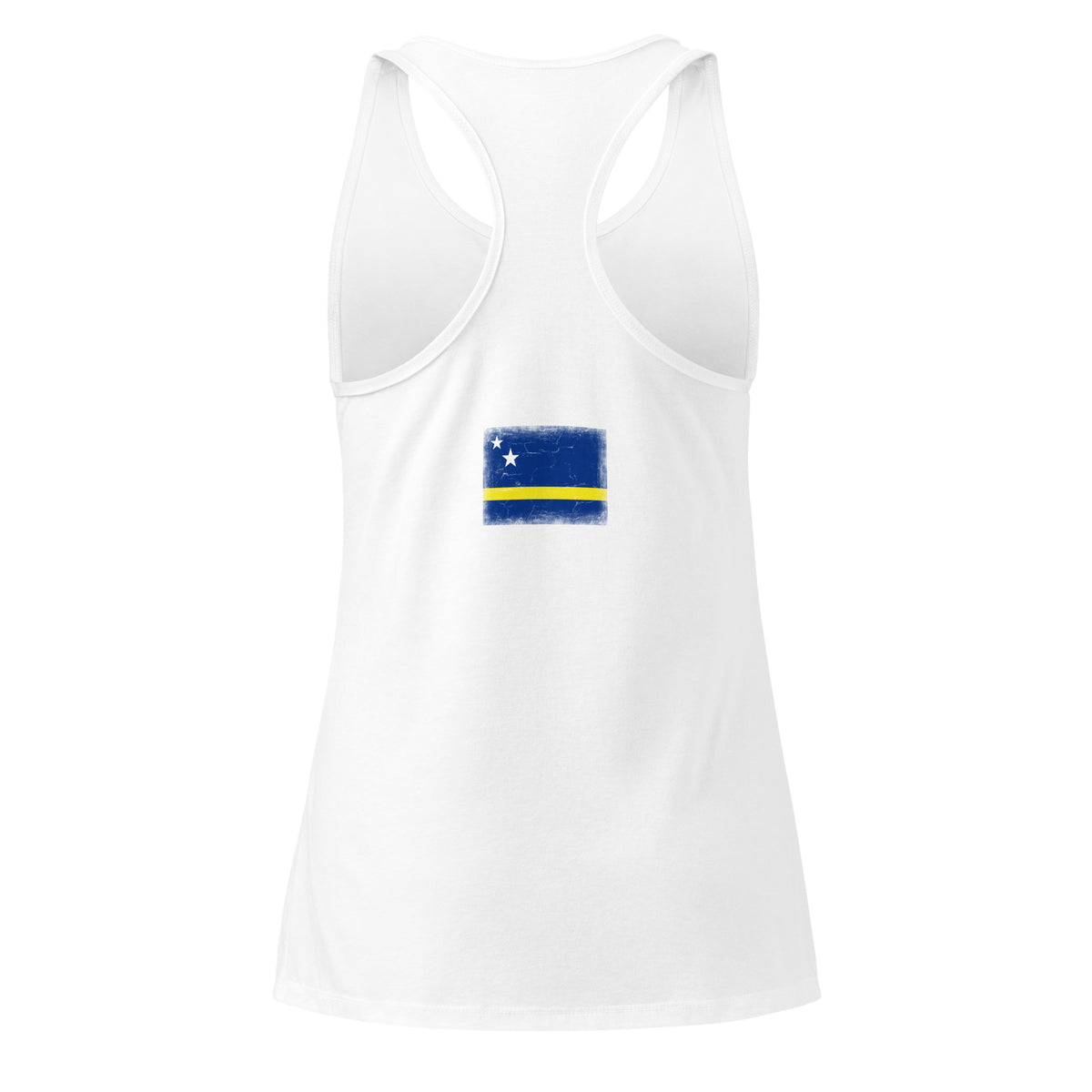 Curaçao flag racerback tank top in White, vintage-washed print, flag across the upper back, women cut, back view