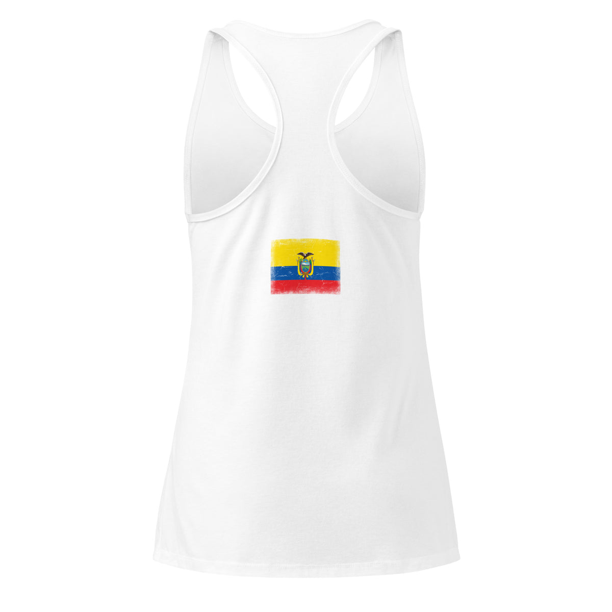 Ecuador flag racerback tank top in White, vintage-washed print, flag across the upper back, women cut, back view