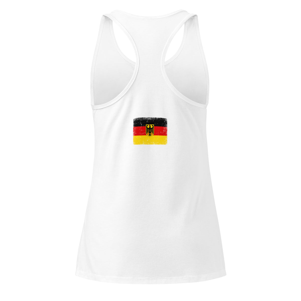 Germany flag racerback tank top in White, vintage-washed print, flag across the upper back, women cut, back view