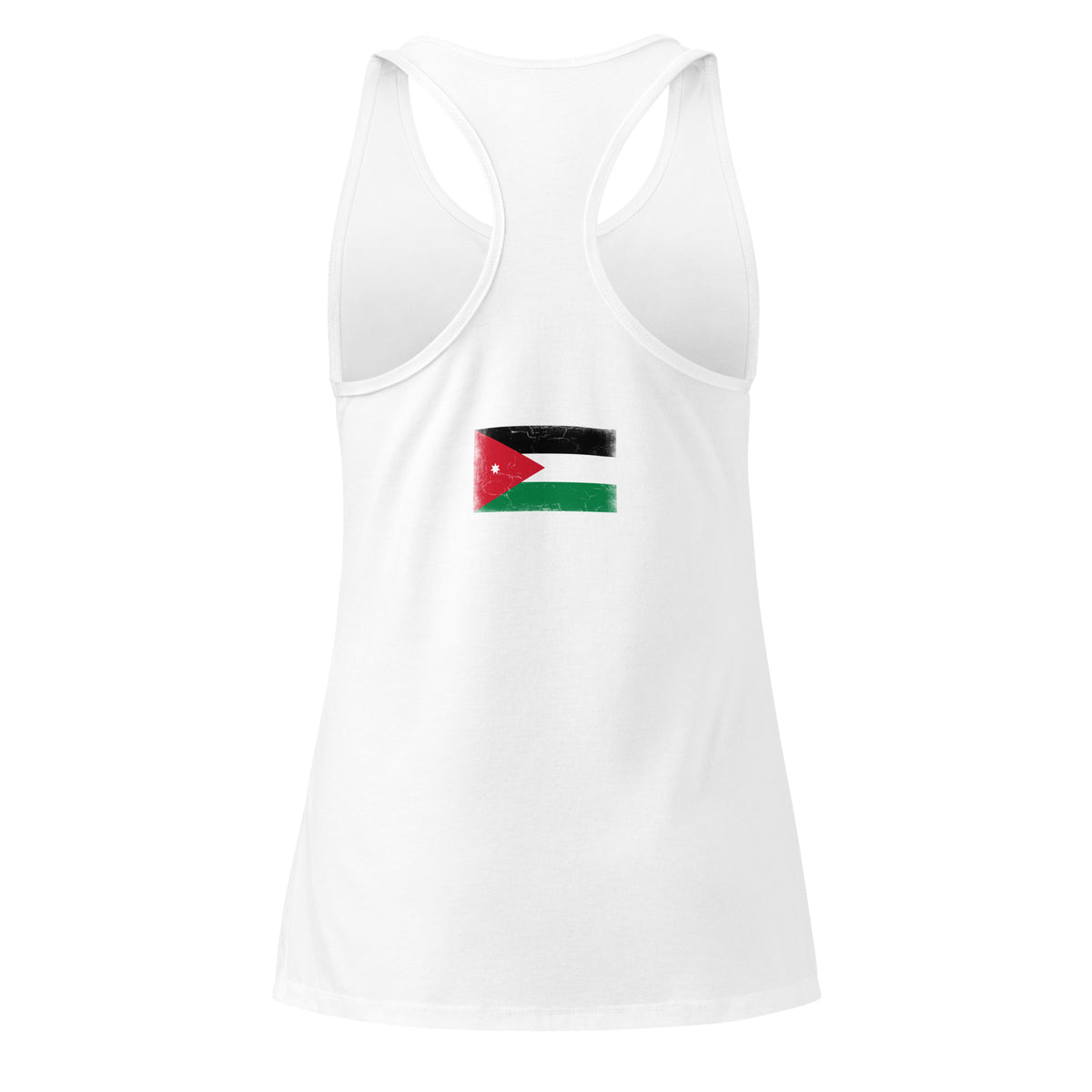 Jordan flag racerback tank top in White, vintage-washed print, flag across the upper back, women cut, back view