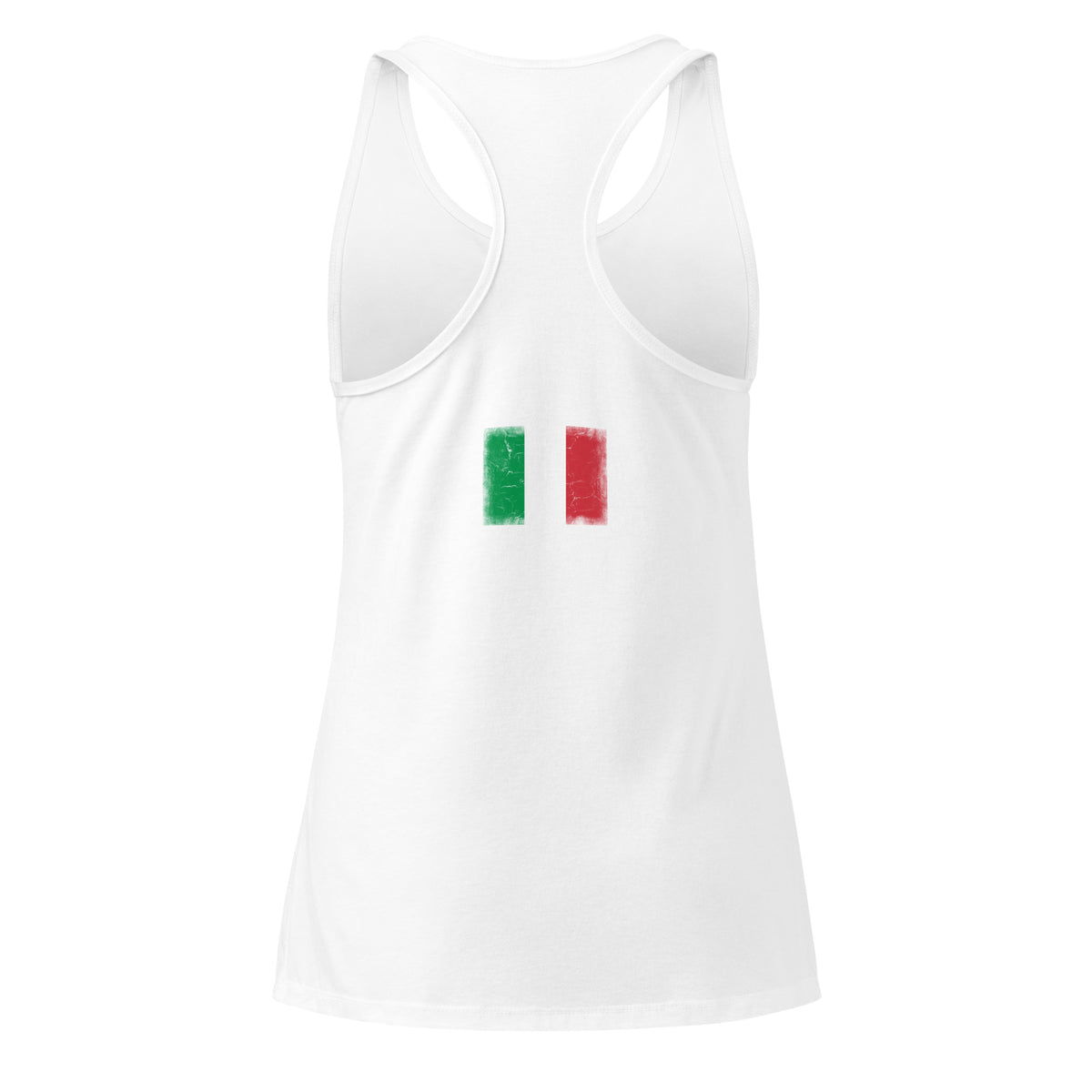 Italy flag racerback tank top in White, vintage-washed print, flag across the upper back, women cut, back view