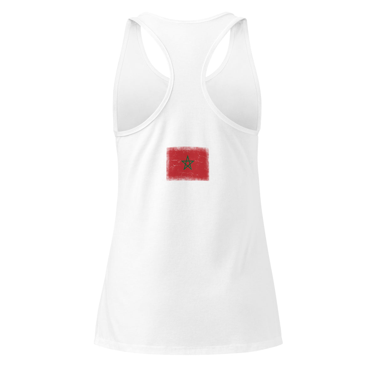 Morocco flag racerback tank top in White, vintage-washed print, flag across the upper back, women cut, back view