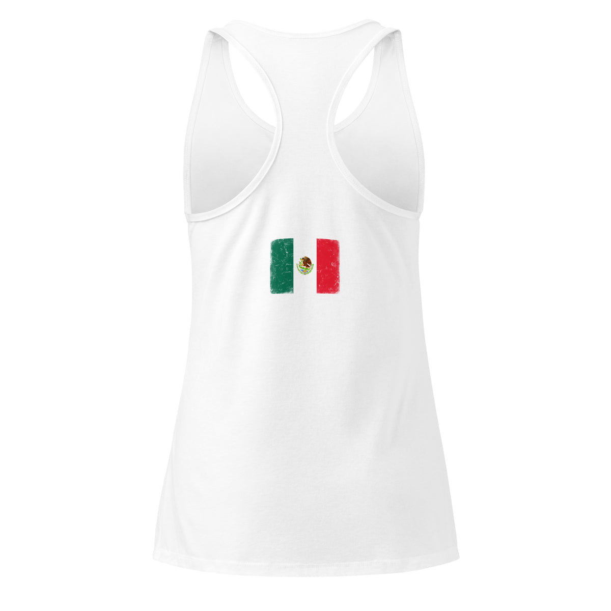 Mexico flag racerback tank top in White, vintage-washed print, flag across the upper back, women cut, back view