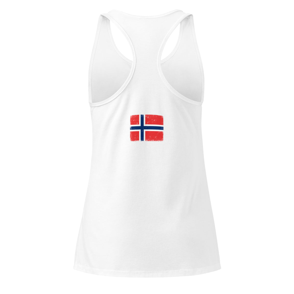 Norway flag racerback tank top in White, vintage-washed print, flag across the upper back, women cut, back view