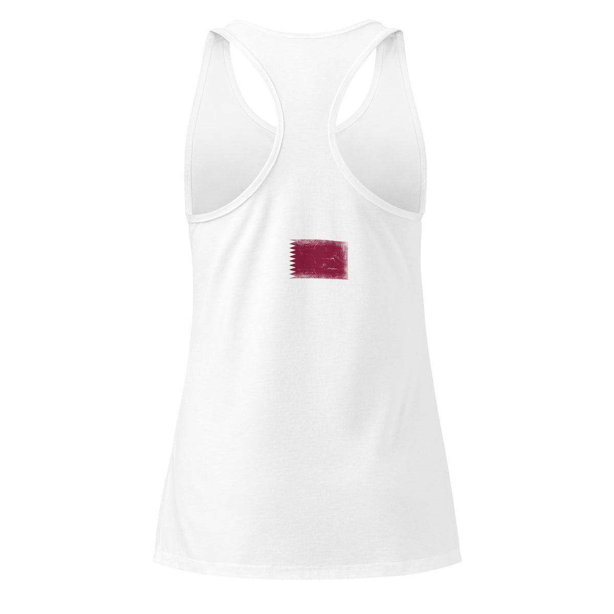Qatar flag racerback tank top in White, vintage-washed print, flag across the upper back, women cut, back view
