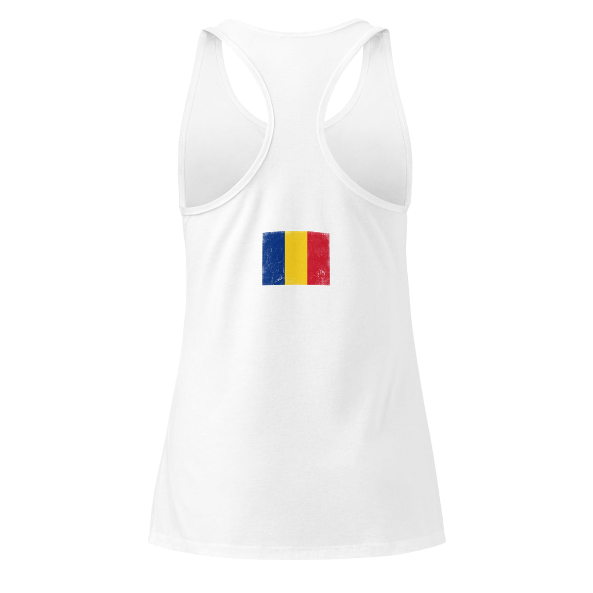 Romania flag racerback tank top in White, vintage-washed print, flag across the upper back, women cut, back view