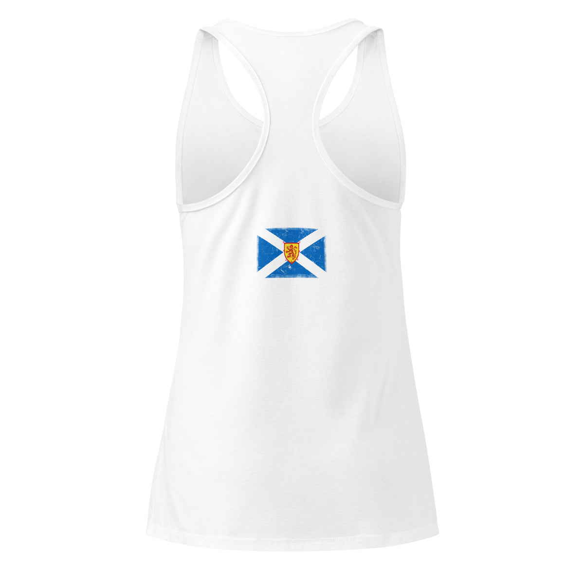 Scotland flag racerback tank top in White, vintage-washed print, flag across the upper back, women cut, back view