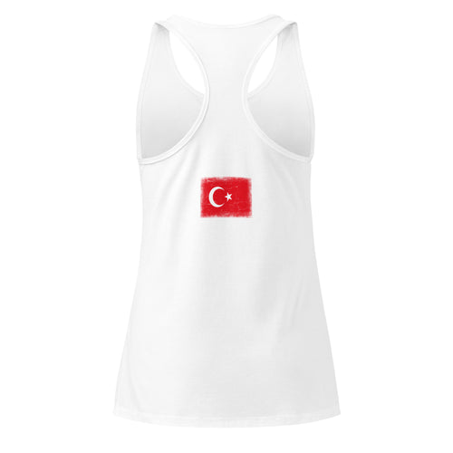 Turkey flag racerback tank top in White, vintage-washed print, flag across the upper back, women cut, back view